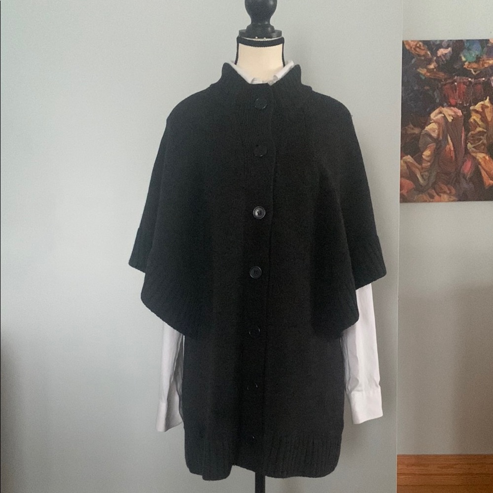Kenar Dark Gray Merino Wool Button Down Sweater Cape with Mock Neckline, Sz L